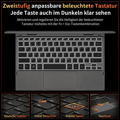 LONGEVINCE Mini Laptop, 10,95 Zoll Ultrabook Laptop, 2000 * 1200 Touch Display, Celeron N95 (bis zu 3,4 GHz),16 GB DDR5 RAM,Convertible,QWERTZ Tastatur,Windows 11,2X Type-C,BT 5.0 (Grau, 16G+960G)