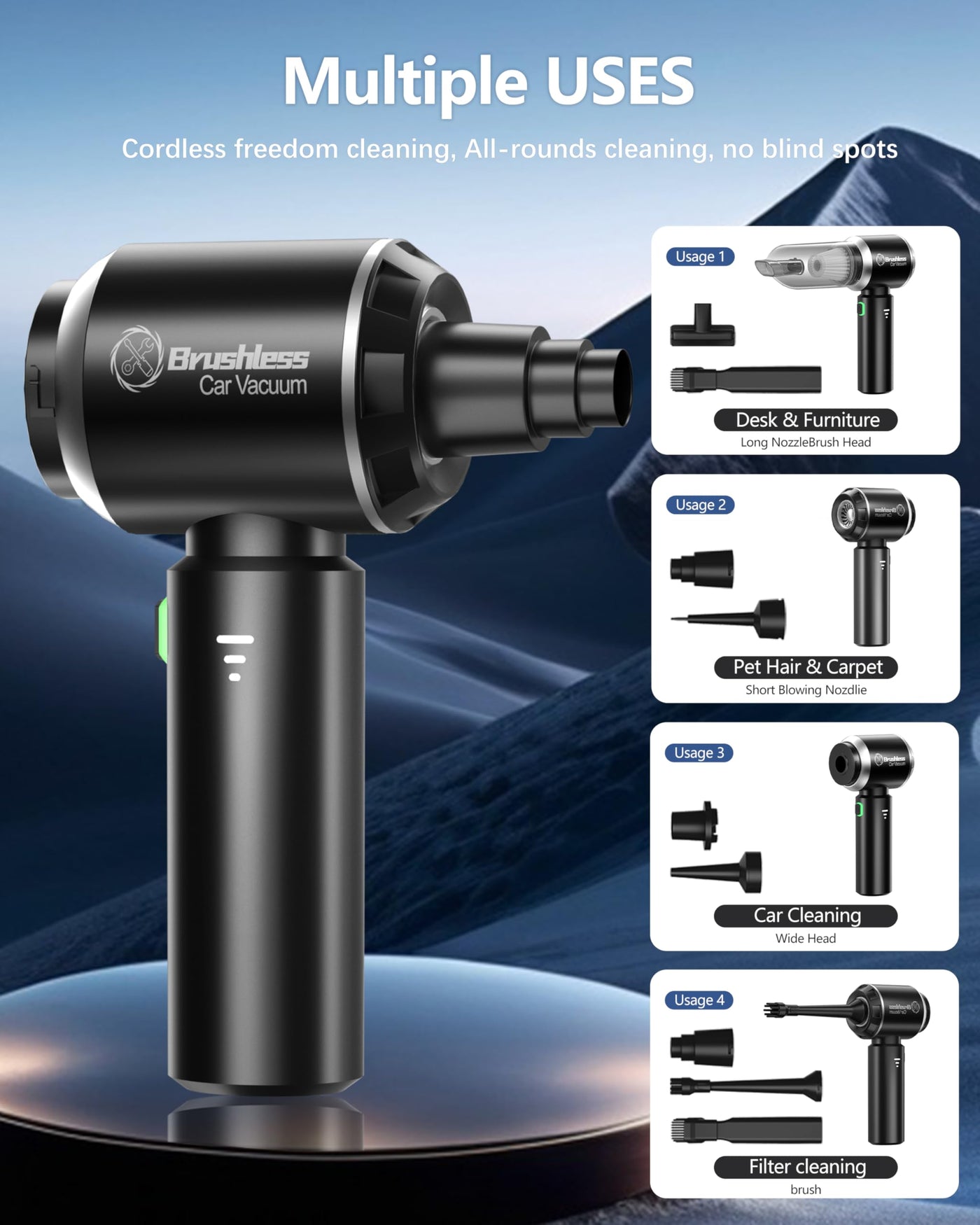 Handstaubsauger,Tragbar Leicht Auto Staubsauger Stark,18000Pa 4 in 1 Akku Handstaubsauger Kabellos,3-Gang Autostaubsauger mit Waschbar HEPA-Filter,Multifunktionale Mini Staubsauger für Auto/Büro/Haus
