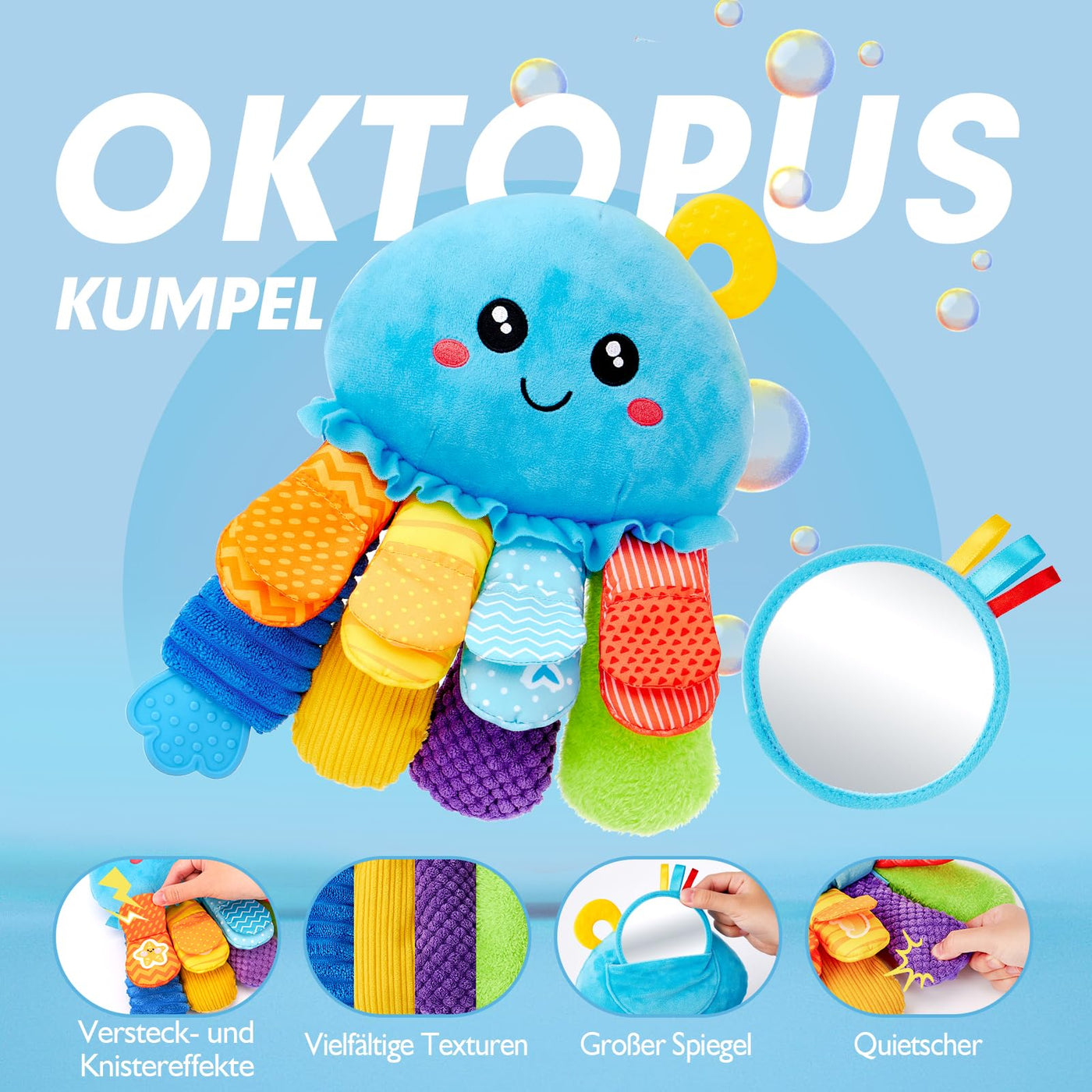 hahaland Oktopus Activity Sensorik Rassel mit Beißring,Spiegel,Baby Knister Spielzeug zum Greifen für Jungen und Mädchen 0 3 6 Monate,Neugeborene Geschenk, Montessori Greifling Spielzeug