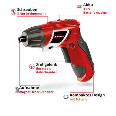 Einhell Akkuschrauber TC-SD 3,6 Li (3,6V, 1300 mAh, 3 Nm Drehmoment, Drehgelenk im Handgriff, LED-Licht, Softgriff, Ladekontrollleuchte, inkl. 6 Bits)