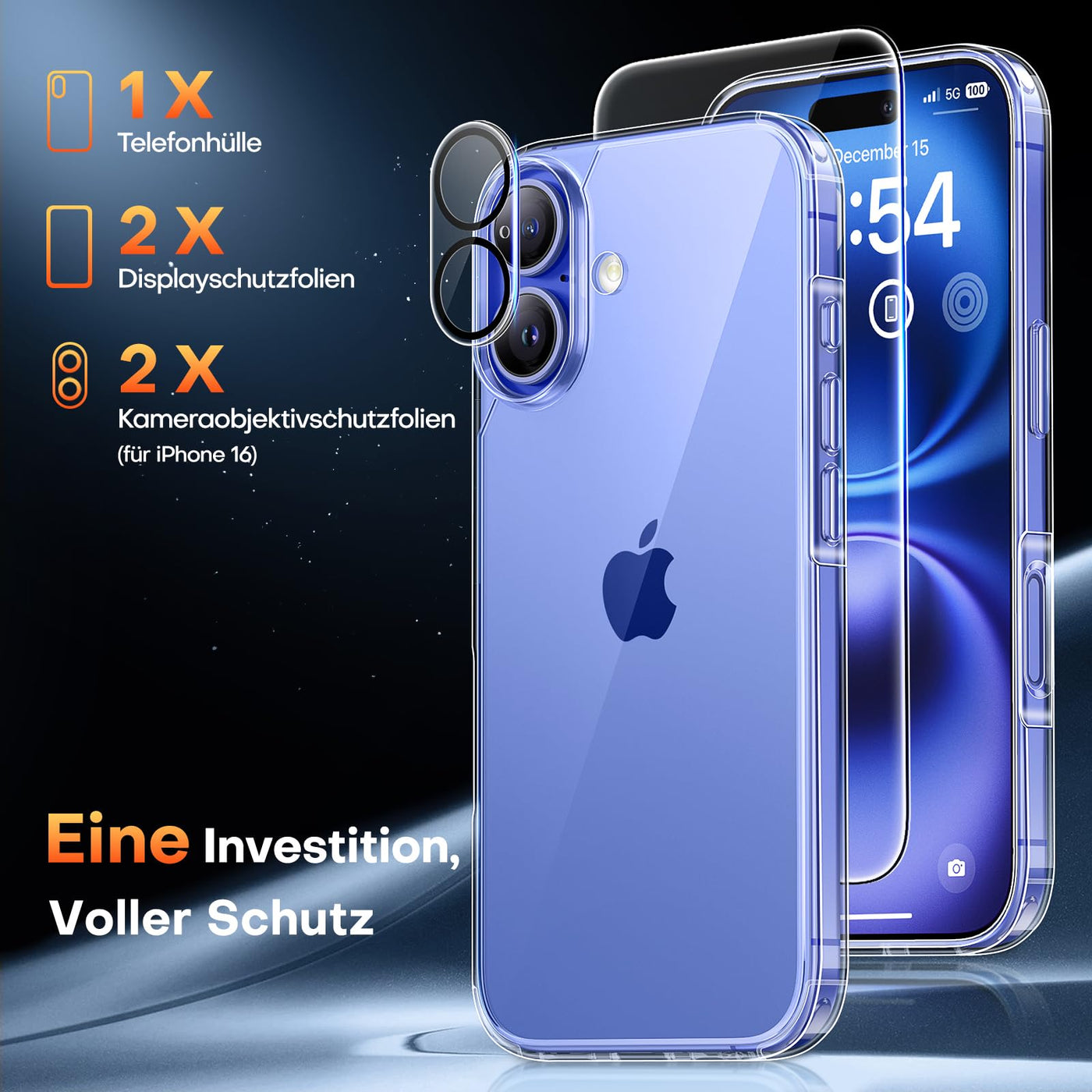 TAURI 5 in 1 für iPhone 16 hülle, Handyhülle für iPhone 16 Case, [Vergilbt Nicht] Schlanke, Stoßfeste Telefon Hülle - Transparent