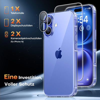 TAURI 5 in 1 für iPhone 16 hülle, Handyhülle für iPhone 16 Case, [Vergilbt Nicht] Schlanke, Stoßfeste Telefon Hülle - Transparent