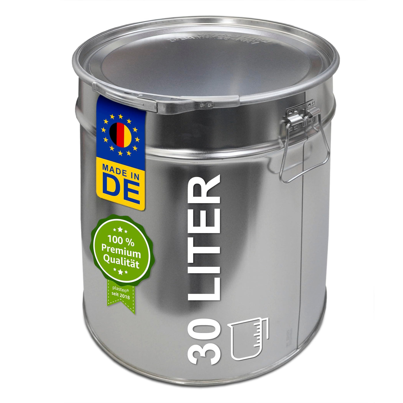 30 Liter Weißblecheimer Hobbock inkl. Deckel mit Spannring | Stabiler Metalltragegriff | Luft und Flüssigkeitsdicht | Robust und Stapelbar | Gefahrgut Tauglich (30 Liter)