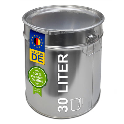 30 Liter Weißblecheimer Hobbock inkl. Deckel mit Spannring | Stabiler Metalltragegriff | Luft und Flüssigkeitsdicht | Robust und Stapelbar | Gefahrgut Tauglich (30 Liter)