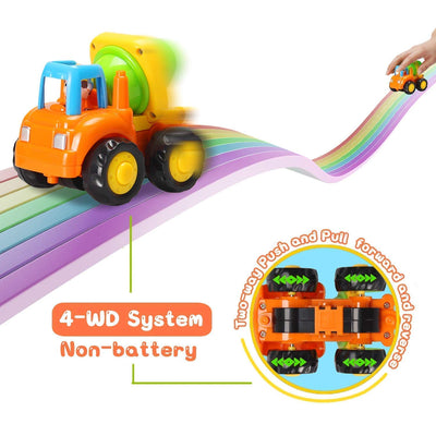 MOONTOY Baby Spielzeugauto Bagger Konstruktionsfahrzeuge Baufahrzeuge 4 in einem Set für Kinder, Traktor, Bulldozer, Kipper & Zementmischer