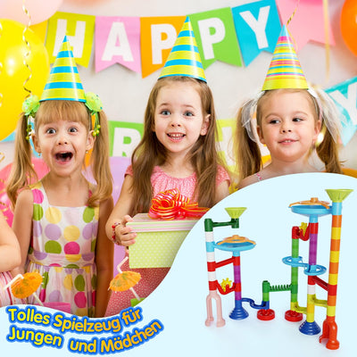 Murmelbahn Kinderspiel - 110PCS Mehrfarbige Kugelbahn Marble Run Set mit Spannende Bahnelementen und Glasmurmeln, kinderspiel Geschenk für Kinder Mädchen Jungen 3-12 Jahren