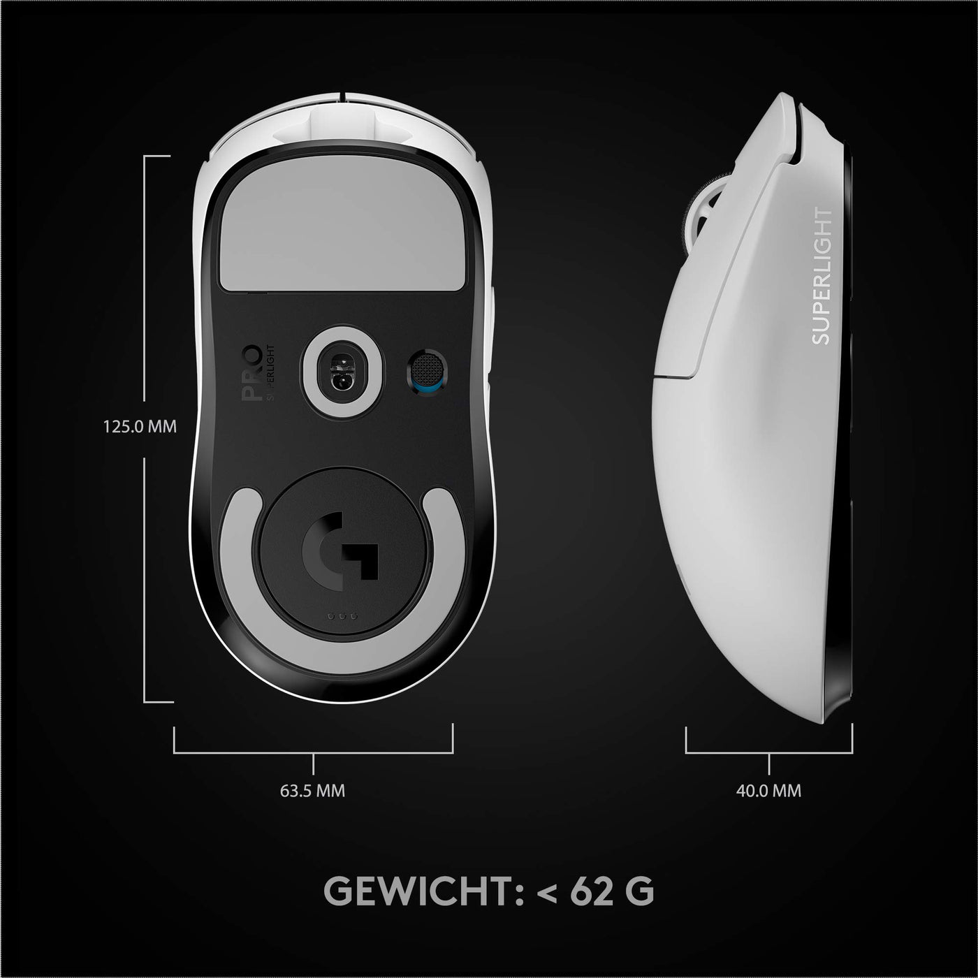Logitech G PRO X SUPERLIGHT kabellose Gaming-Maus mit HERO 25K Sensor, Ultra-leicht mit 63g, 5 programmierbare Tasten, 70 Stunden Akkulaufzeit, PTFE-Füße ohne Zusatzstoffe, PC/Mac - Weiß