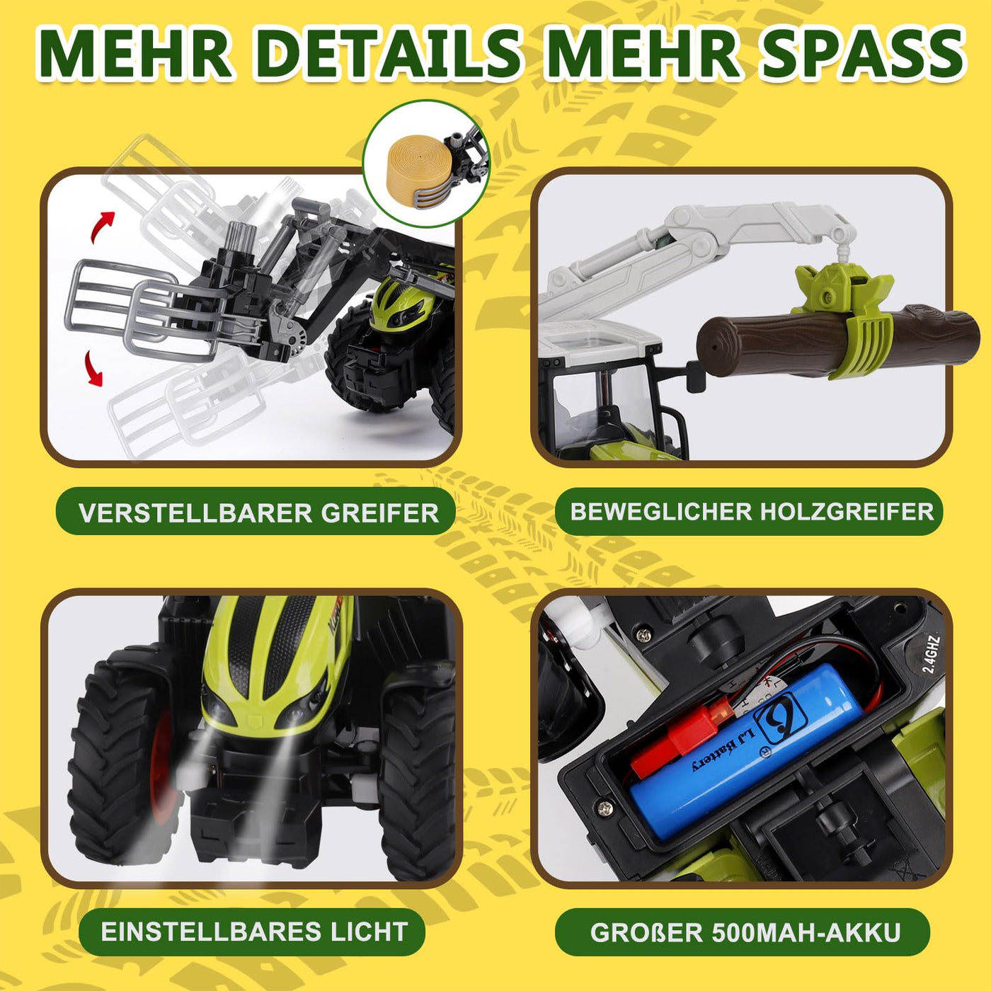 IEEILULU Ferngesteuerter Traktor Ferngesteuert, RC Traktor Spielzeug, 2.4 Ghz, 1:24, Traktor mit Anhänger, Holzgreifer, Frontlader und 4 Baumstämmen, Holztransporter Spielzeug ab 3 4 5 6 Jahre