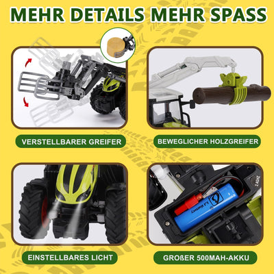 IEEILULU Ferngesteuerter Traktor Ferngesteuert, RC Traktor Spielzeug, 2.4 Ghz, 1:24, Traktor mit Anhänger, Holzgreifer, Frontlader und 4 Baumstämmen, Holztransporter Spielzeug ab 3 4 5 6 Jahre