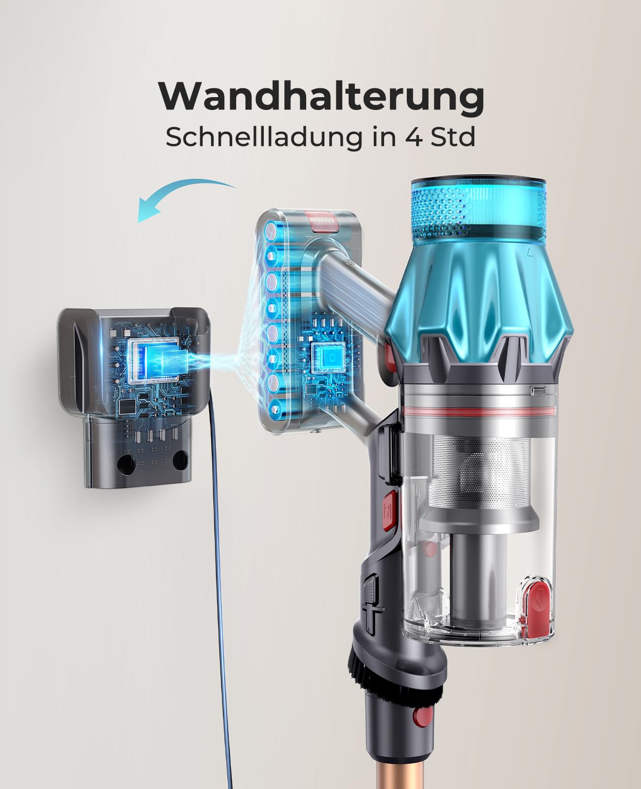 Fieety 550W/45KPa/60Min Akku Staubsauger, 8-in-1 Staubsauger Kabellos mit Wandmontierte Ladestation, 1M Ausziehbarer Schlauch, Sofabürste, Touchscreen, 1.5L, für Tierhaare/Teppiche/Hartböden/Auto