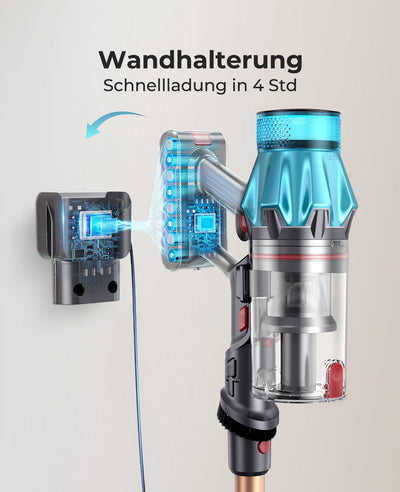 Fieety 550W/45KPa/60Min Akku Staubsauger, 8-in-1 Staubsauger Kabellos mit Wandmontierte Ladestation, 1M Ausziehbarer Schlauch, Sofabürste, Touchscreen, 1.5L, für Tierhaare/Teppiche/Hartböden/Auto