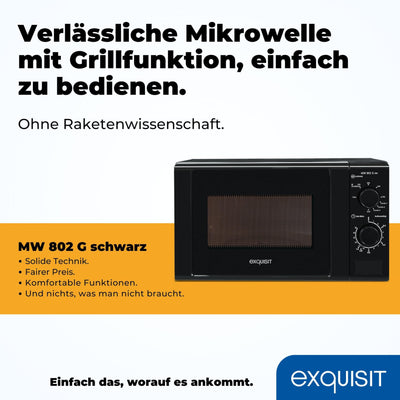 Exquisit Mikrowelle MW 802 G | Mikrowelle mit Grill 1000 W | 700 W gesamt | Timer | Mikrowelle klein und platzsparend 20 L Garrraum | schwarz