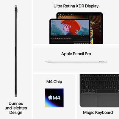 Apple 13" iPad Pro (M4): Ultra Retina XDR Display, 256 GB, 12 MP Querformat Frontkamera/12 MP Rückkamera, LiDAR Scanner, WLAN 6E, Face ID, Batterie für den ganzen Tag, Standardglas – Space Schwarz