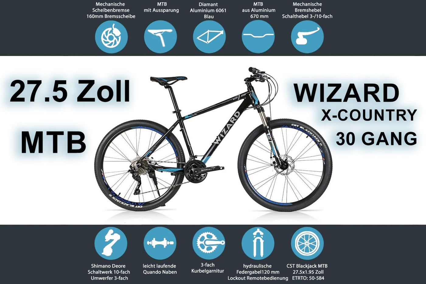 Wizard X-Country 3.7 Fahrrad Erwachsener Männlich Mountainbike Deore 30 Gang MTB CC Cross |27.5 Zoll Blau (Rahmengröße: 54cm/21Zoll)