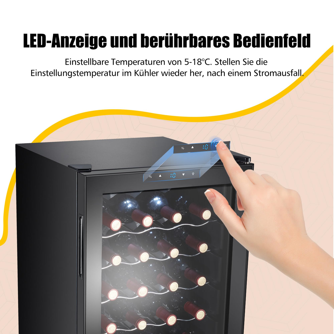 Kalamera Weinkühlschrank, 28 Flaschen 86 Liter, Touch-Bedienfeld, Schwarze Glastür, Verdeckter Griff, 5-18°C Kühlzone, Herausnehmbare Eisenböden, KRC-86FCSS-B