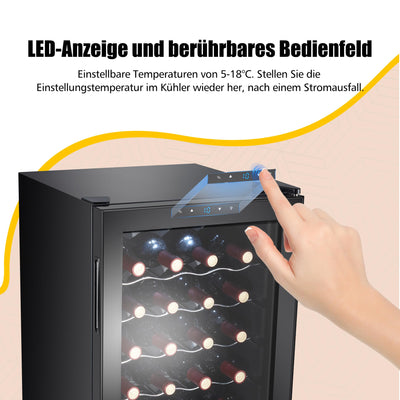 Kalamera Weinkühlschrank, 28 Flaschen 86 Liter, Touch-Bedienfeld, Schwarze Glastür, Verdeckter Griff, 5-18°C Kühlzone, Herausnehmbare Eisenböden, KRC-86FCSS-B