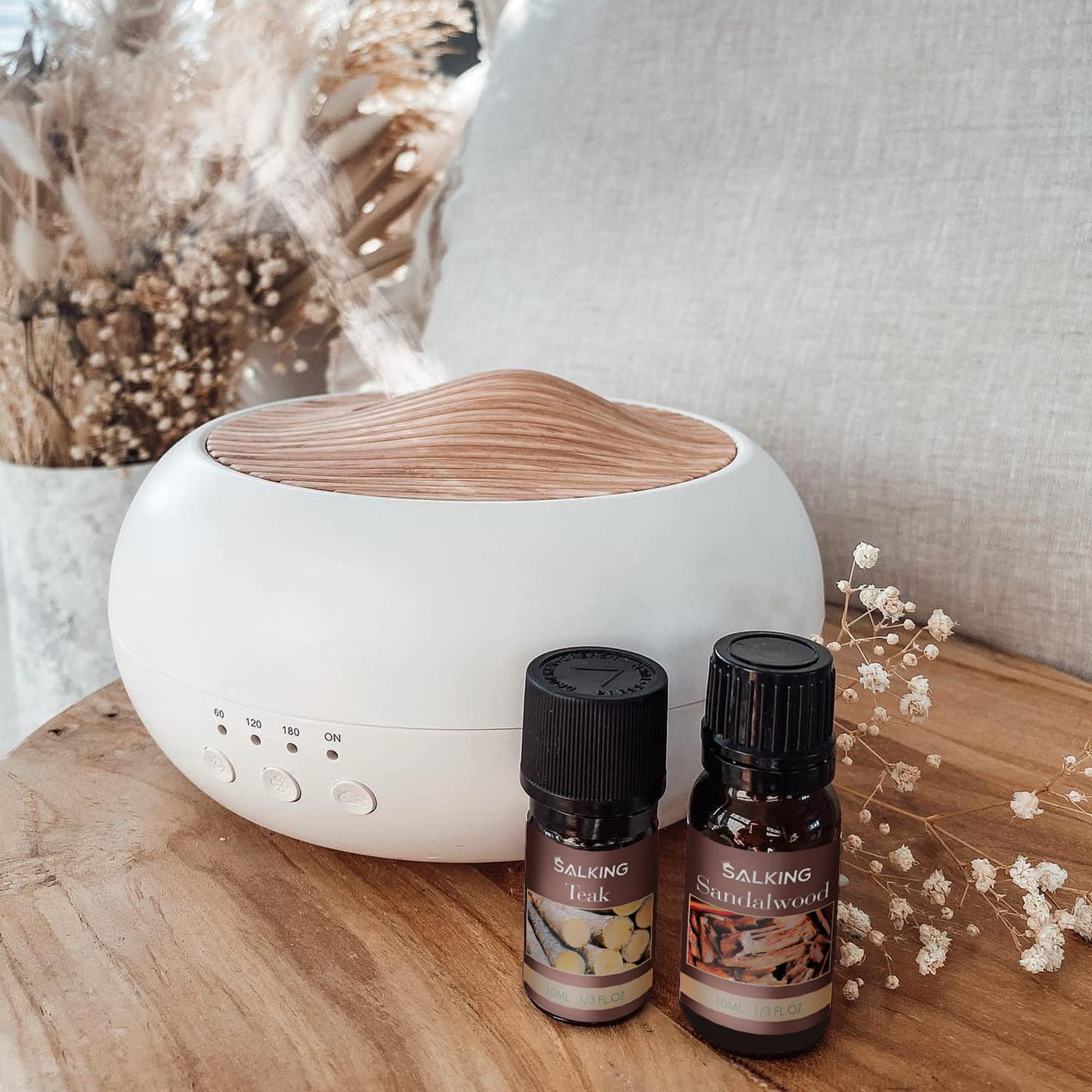 SALKING Aroma Diffuser, 250ml Ultraschall Öl Aromatherapie Diffusor für ätherische Öle, Raumbefeuchter Elektrisch Duftlampe, Warmweiß Licht Weiß Holzmaserung Diffusor für Zuhause Büro Oder Yoga