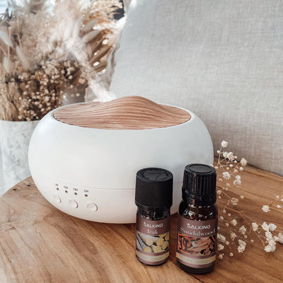 SALKING Aroma Diffuser, 250ml Ultraschall Öl Aromatherapie Diffusor für ätherische Öle, Raumbefeuchter Elektrisch Duftlampe, Warmweiß Licht Weiß Holzmaserung Diffusor für Zuhause Büro Oder Yoga
