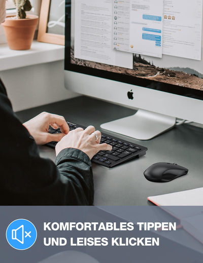 TECKNET Kabelloses Tastatur Maus Set, Deutsch QWERTZ Layout, 2.4 GHz Funk Mini Tastatur Mouse, 15m Reichweite Verbindung, Wireless Leise Funktastatur mit Maus für PC, Laptop, Smart TV, Schwarz