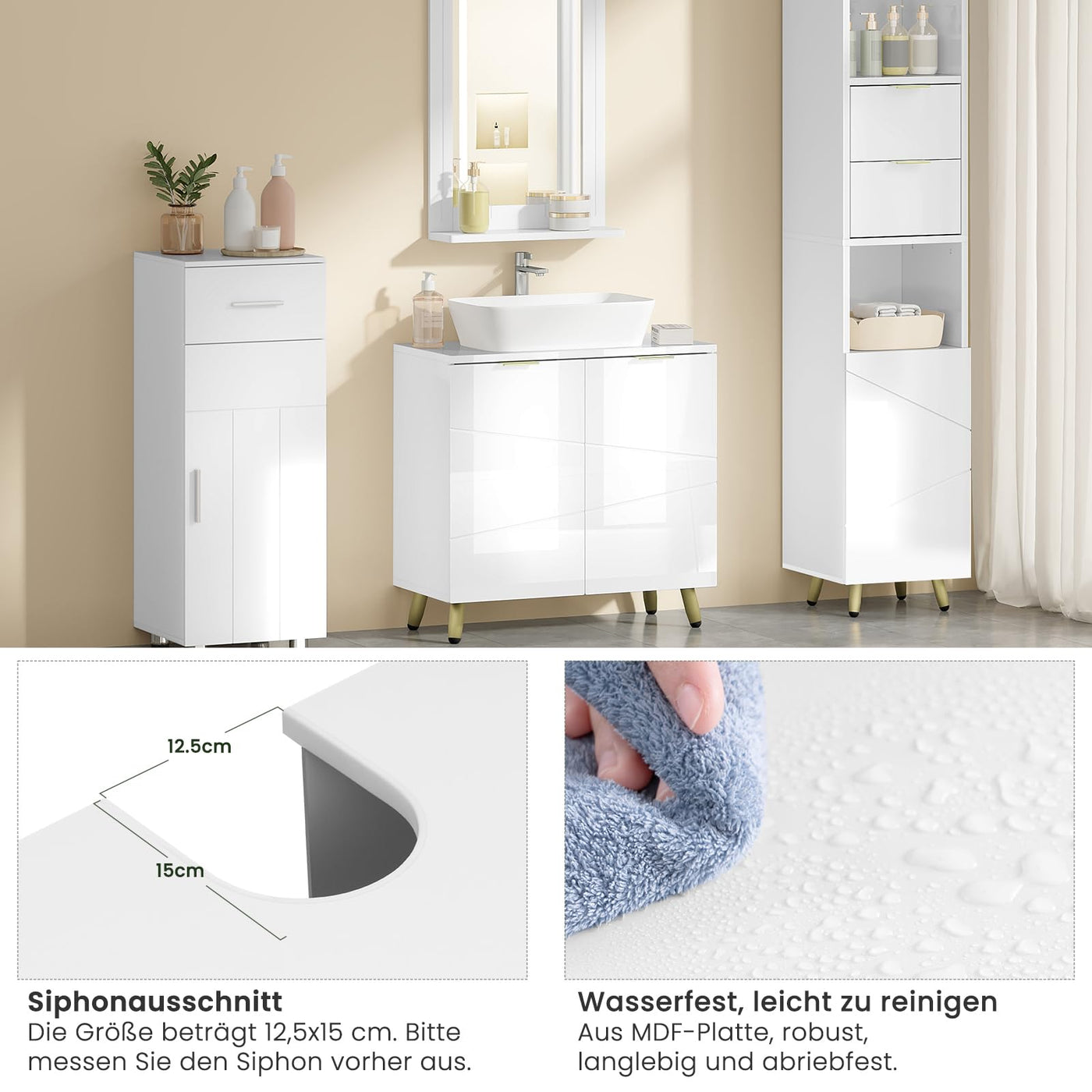 EUGAD Waschbeckenunterschrank, Unterschrank, Waschtischunterschrank, Badezimmerschrank, Badschrank, weiß Hochglanz, mit 2 Türen, Beinen, verstellbare Ablage, freistehend, 60x60x30 cm