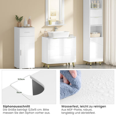 EUGAD Waschbeckenunterschrank, Unterschrank, Waschtischunterschrank, Badezimmerschrank, Badschrank, weiß Hochglanz, mit 2 Türen, Beinen, verstellbare Ablage, freistehend, 60x60x30 cm