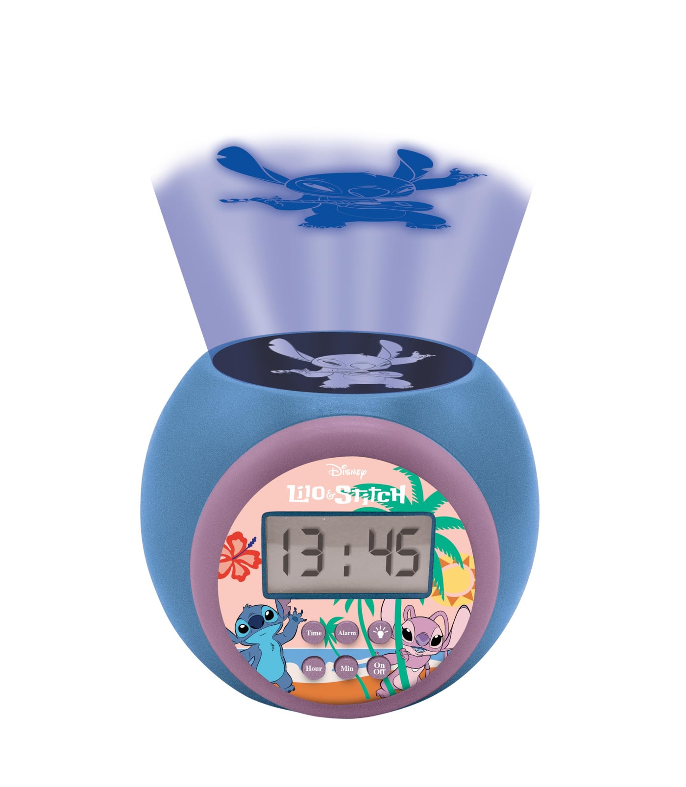 Lexibook, Disney Stitch, Projektionswecker mit Schlummerfunktion und Alarmfunktion, Nachtlicht mit Timer, LCD-Bildschirm, batteriebetrieben, blau, RL977D
