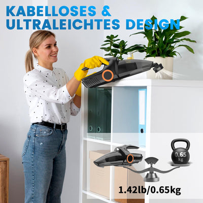 NHOWIN Handstaubsauger Kabellos, 9500Pa Starke Saugkraft Handstaubsauger Akku 6000mAh Lange Akkulaufzeit Handstaubsauger Auto Staubsauger Mini Staubsauger mit 2 Filtern für Haus, Auto, Tierhaare