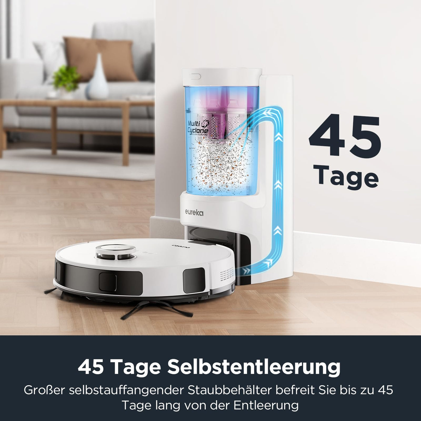 EUREKA E10s DE Saug- & Wischroboter + beutelloser Multi-Zyklon-Absaugstation (4000Pa, Auto Teppicherkennung & Auto Mop Lifting, LiDAR-Navigation, ideal gegen Tierhaare, App- & Sprachsteuerung) weiß