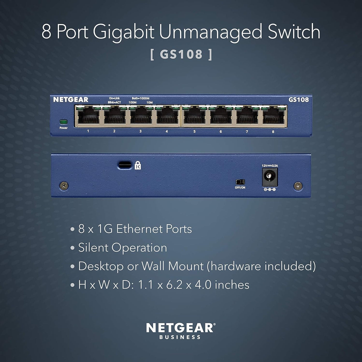 NETGEAR GS108GE LAN Switch 8 Port Netzwerk Switch (Plug-and-Play Gigabit Switch LAN Splitter, LAN Verteiler, Ethernet Hub, lüfterloses Metallgehäuse, ProSAFE Lifetime-Garantie), Blau