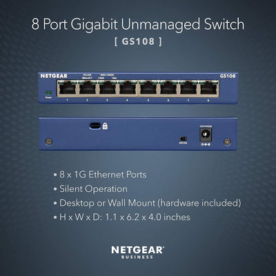 NETGEAR GS108GE LAN Switch 8 Port Netzwerk Switch (Plug-and-Play Gigabit Switch LAN Splitter, LAN Verteiler, Ethernet Hub, lüfterloses Metallgehäuse, ProSAFE Lifetime-Garantie), Blau