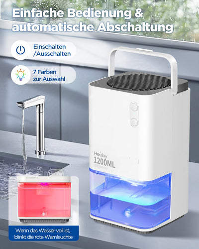 Luftentfeuchter 1200ML,Heelay® Luftentfeuchter Elektrisch Entfeuchter Energiesparend,Tragbar,Ultra Leise,Auto Abschaltung,7 Farbiges Licht,Raumentfeuchter Dehumidifier für Schlafzimmer,Bad,Home