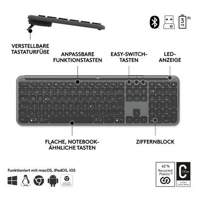 Logitech Signature Slim MK950 for Business kabelloses Tastatur-Maus-Set, leises Tippen, sicherer Empfänger, Bluetooth, weltweit Zertifiziert, Windows/Mac/Chrome/Linux, DEU QWERTZ-Layout, Grafit