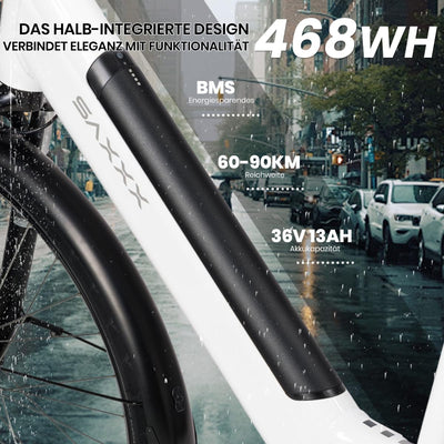 SAXXX E Bike Damen 28 Zoll Tiefeinsteiger mit 36V 13Ah Akku, Elektro Fahrrad Erwachsene mit Scheibenbremse, 7 Gang Kettenschaltung Pedelec mit Federgabel, Gepäckträger für Damen/Frauen Herren/Männer