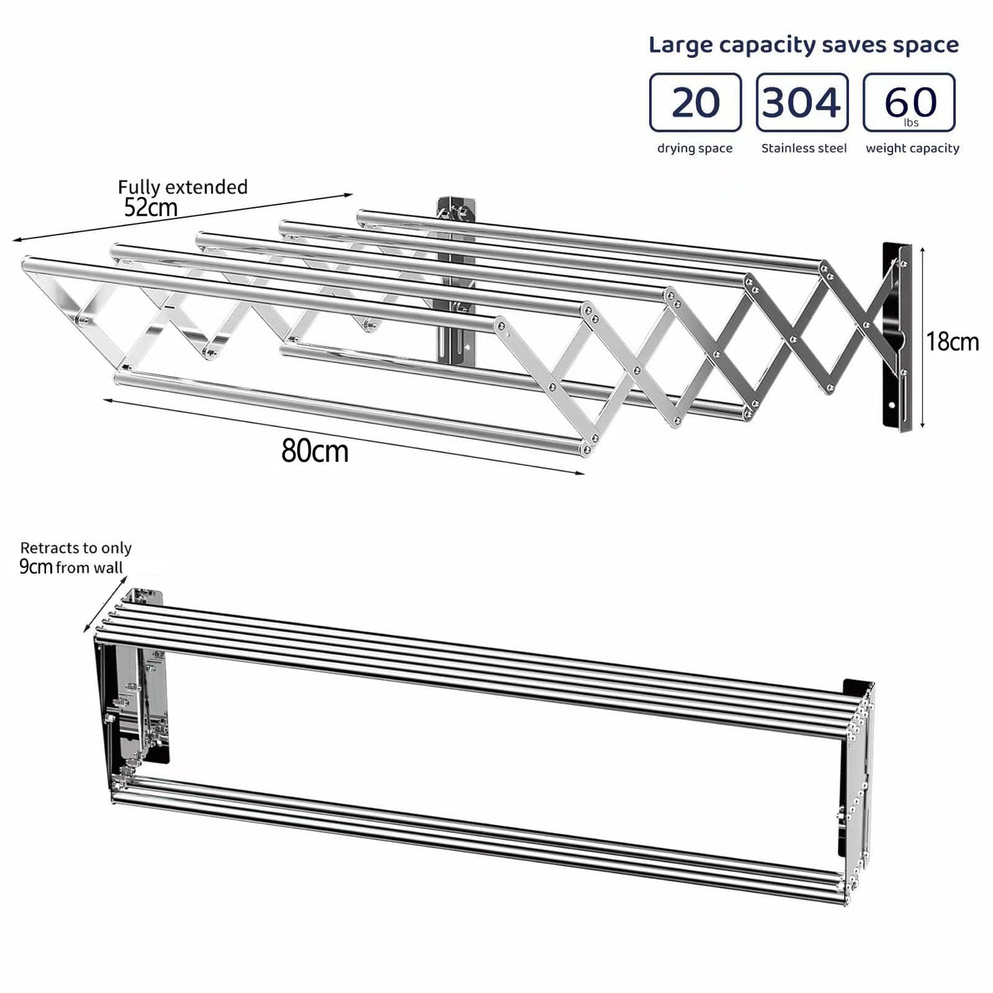 Wuciray Wäscheständer Wand Ausziehbar Klappbar Wandtrockner 80cm Edelstahl Balkon Ständer Wandwäschetrockner Wandmontage Platzsparender Handtuchhalter Clothes Drying Rack für Waschraum