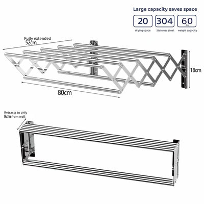 Wuciray Wäscheständer Wand Ausziehbar Klappbar Wandtrockner 80cm Edelstahl Balkon Ständer Wandwäschetrockner Wandmontage Platzsparender Handtuchhalter Clothes Drying Rack für Waschraum