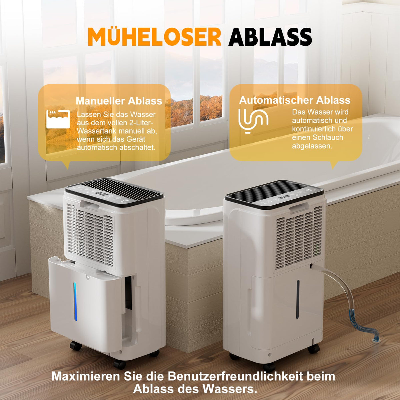 Luftentfeuchter 12L/Tag, Auto Entfeuchtung, 24H-Timer Ein/Aus, Kontinuierliche Entwässerung, Leistungsstarker Raum Luftentfeuchter mit LED Display und Steuerung, Gegen Feuchtigkeit