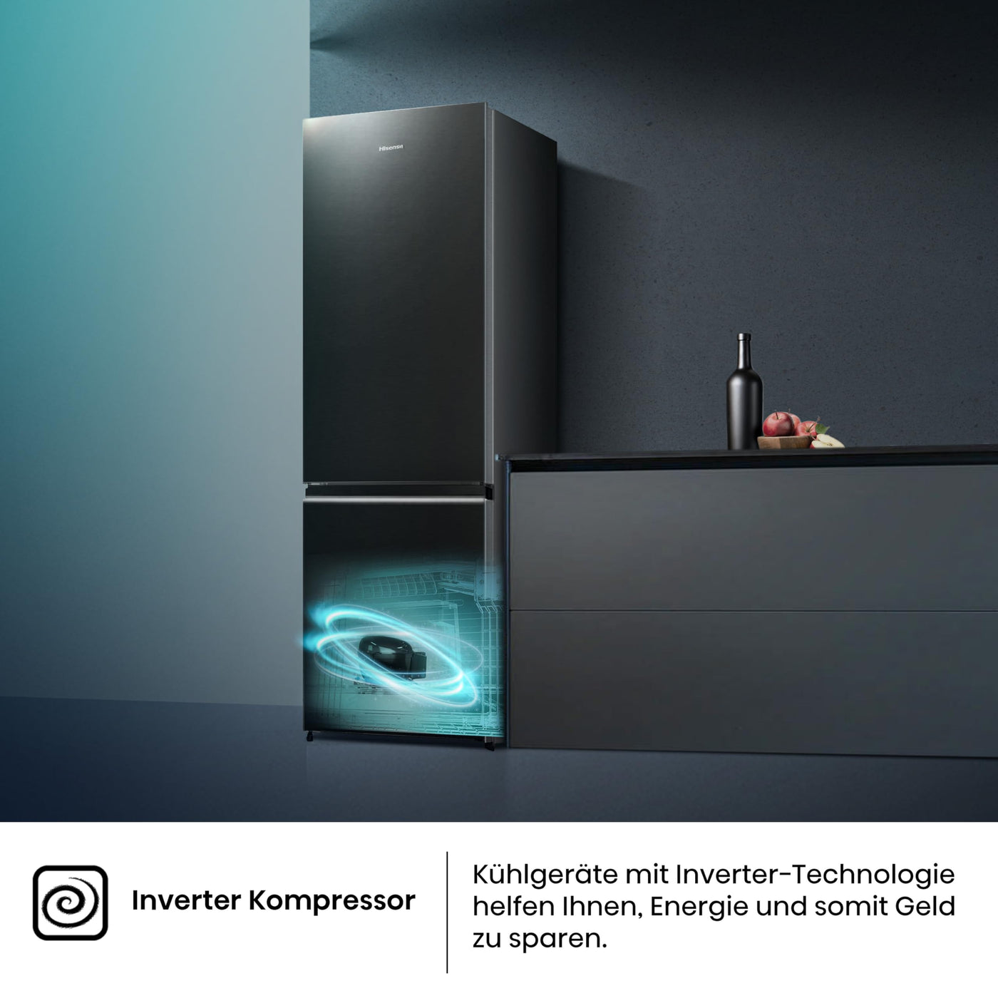 Hisense RB440N4AFA Kühl-Gefrier-Kombination/Höhe 201 cm/Kühlen 178 L/Gefrieren 98 L/LED Beleuchtung, Dark Inox