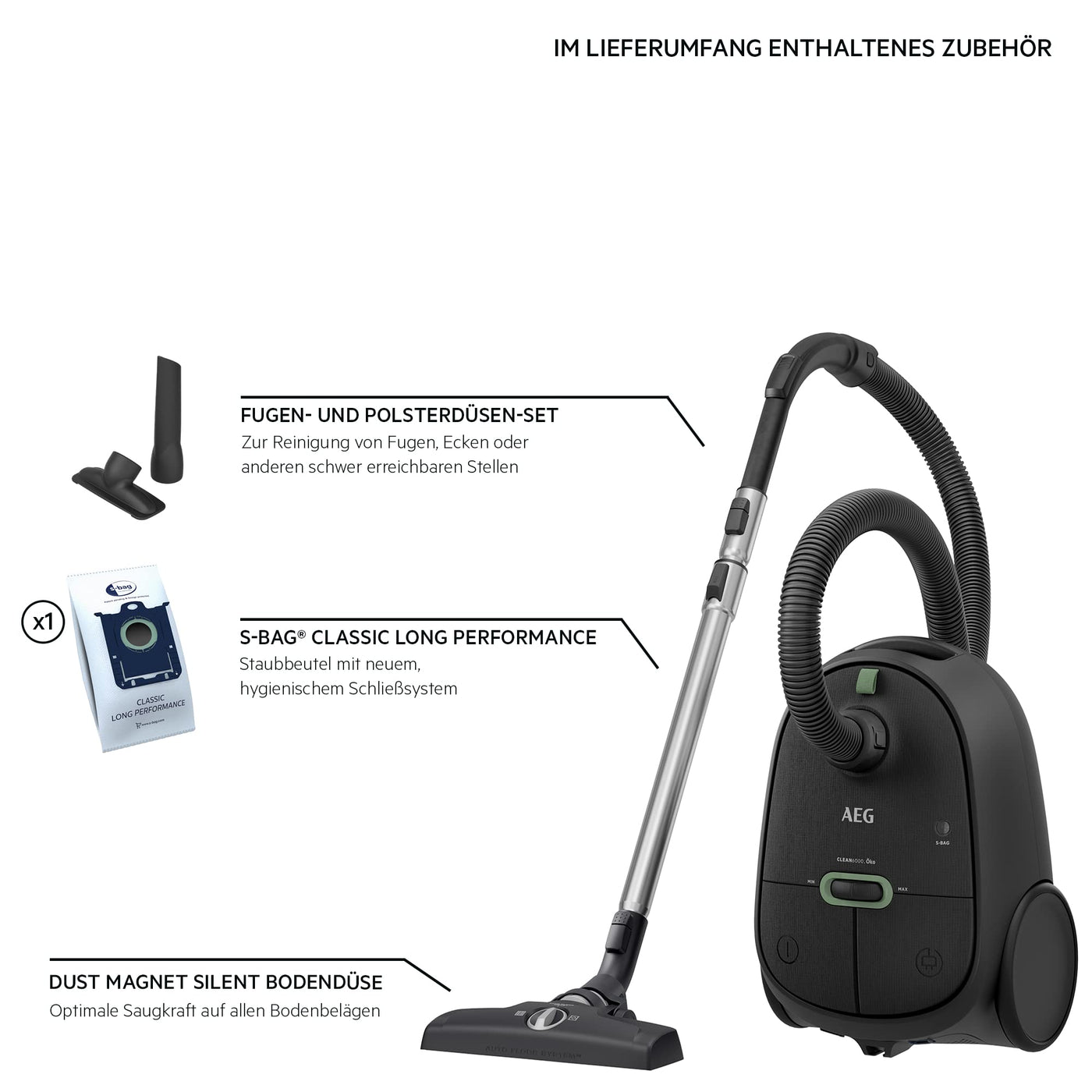 AEG CLEAN 6000 AB61C1OKO ÖKO Staubsauger / hohe Saugleistung / Zusatzdüsen / XL-Räder / Edelstahl-Teleskoprohr / 65% Recyclingmaterial / 12 m Kabel / 750 Watt / Zubehör / grau