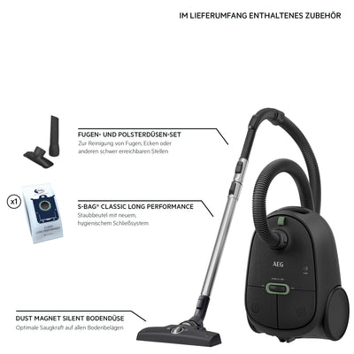 AEG CLEAN 6000 AB61C1OKO ÖKO Staubsauger / hohe Saugleistung / Zusatzdüsen / XL-Räder / Edelstahl-Teleskoprohr / 65% Recyclingmaterial / 12 m Kabel / 750 Watt / Zubehör / grau