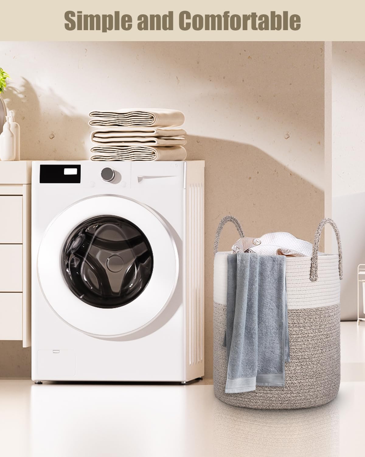 TIDEVAN Baumwollseil Wäschesammler,38L Groß Wäschekorb Wäschekorb Geflochten mit Henkel Faltbar,Aufbewahrungskorb Spielzeug Handarbeit Aus Baumwolle Ideal für Wohnzimmer Kinderzimmer und Schlafzimmer