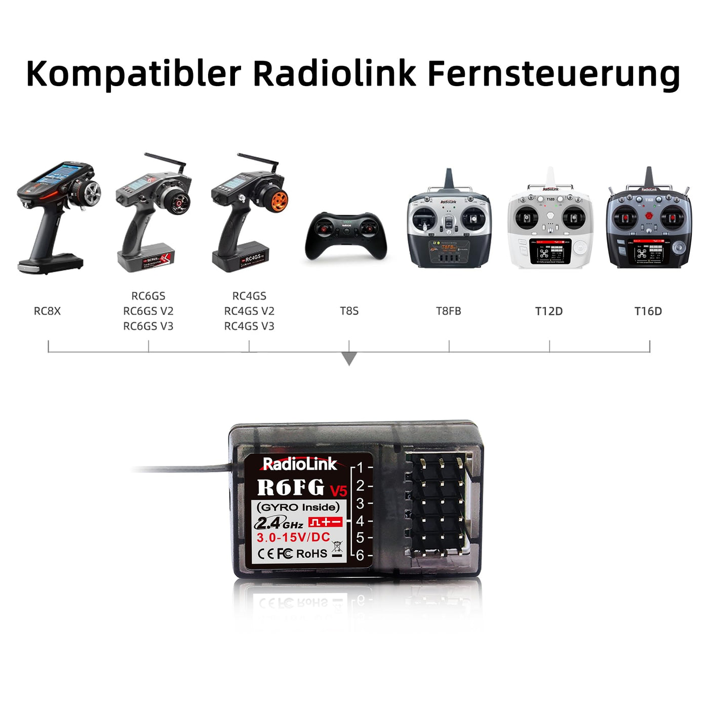 Radiolink R6FG RC Empfänger 2.4 Ghz Gyro-integriert 6 Kanäle große Reichweite bis zu 400m für Autos Boote kompatibel mit RC8X/RC6GS V3/RC4GS V3/T8FB/T8S/T16D/T12D