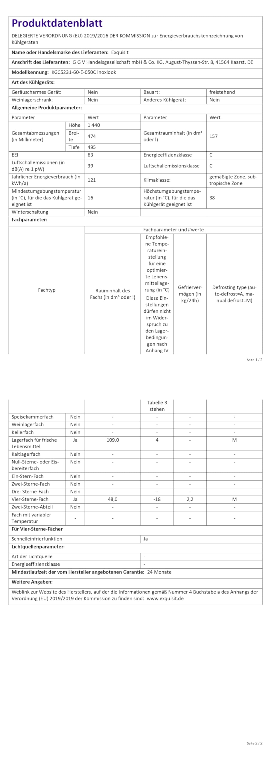 Exquisit Kühl-Gefrierkombination, Kühlschrank mit Gefrierfach, 4-Sterne-Gefrieren, 157 Liter, Alarm-Funktion, Schnellkühlen, KGC5231-60-E-050C inoxlook