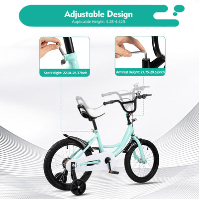 Estabeter 16-Zoll-Kinderfahrrad, Höhenverstellbar Sitze Fahrrad Kohlenstoffstahl Kinder Fahrrad für 5-8 Jahre Jungen Mädchen, 3 Rad Kinderfahrrad mit Stützrädern, Grün
