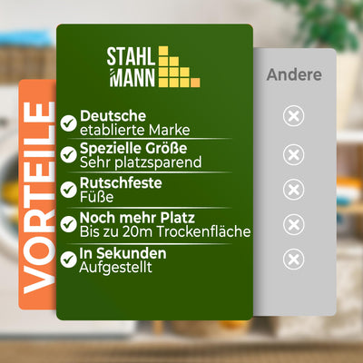 STAHLMANN ® Wäscheständer ausziehbar [20M Trockenfläche ] Made IN EU - Wäscheständer XXL - Wäscheständer mit Klemmen für kleine Wäschestücke - Wäscheständer platzsparend