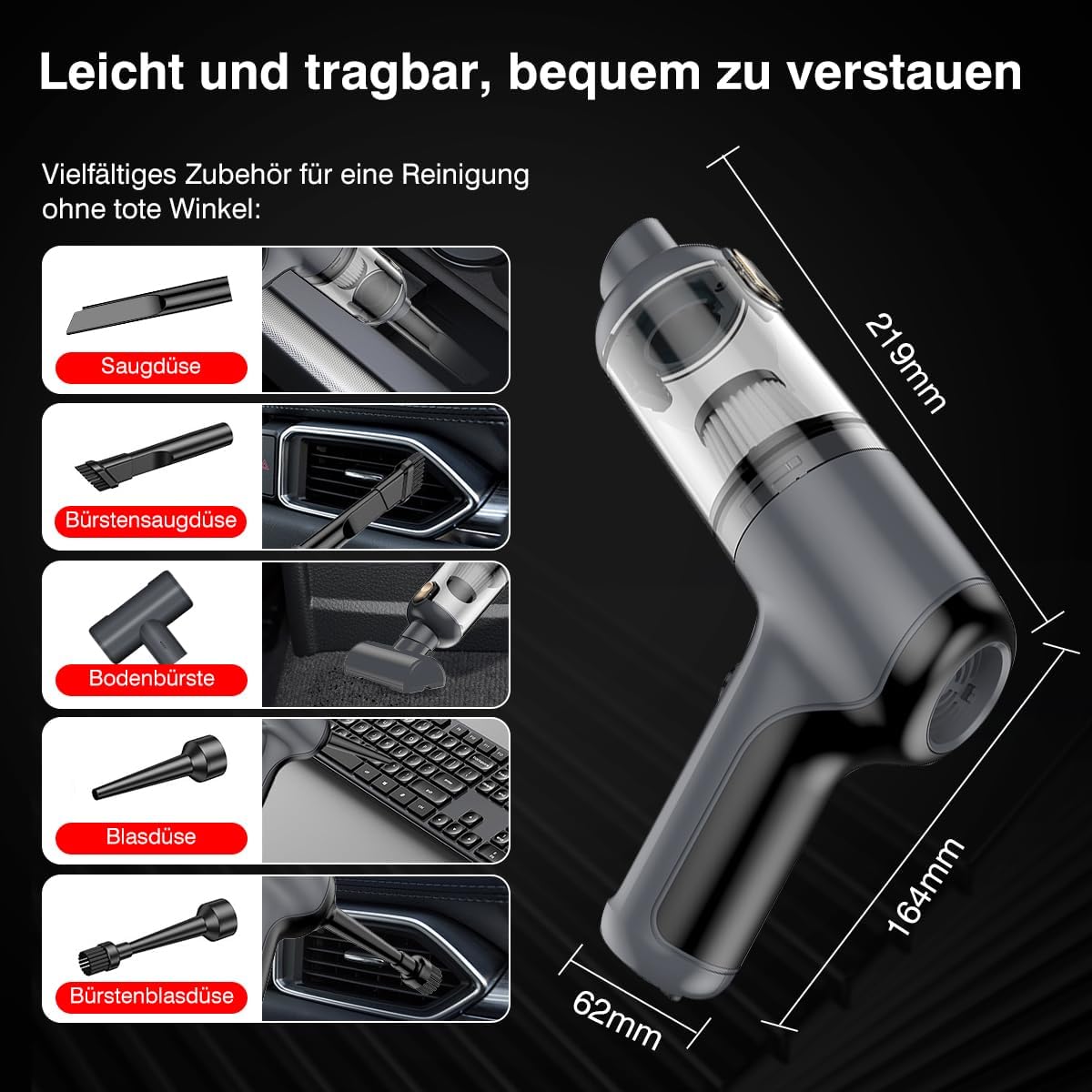 USUIELIGHT Handstaubsauger Akku 6000Pa - Handstaubsauger Kabellos mit 18 Min Laufzeit, 4000mAh, Leicht und Tragbar, Autosauger mit Blas- und Saugfunktion für Auto, Haus, Büro, Tierhaare