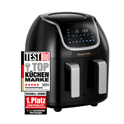 Russell Hobbs Heißluftfritteuse Doppelkammer [2 Fächer je 4,25l, nur getrennt nutzbar, Gesamtvolumen 8,5l] Rapid Air Fryer Technik (8 Programme, spülmaschinenfest,Touchscreen) AirFryer 27290-56S