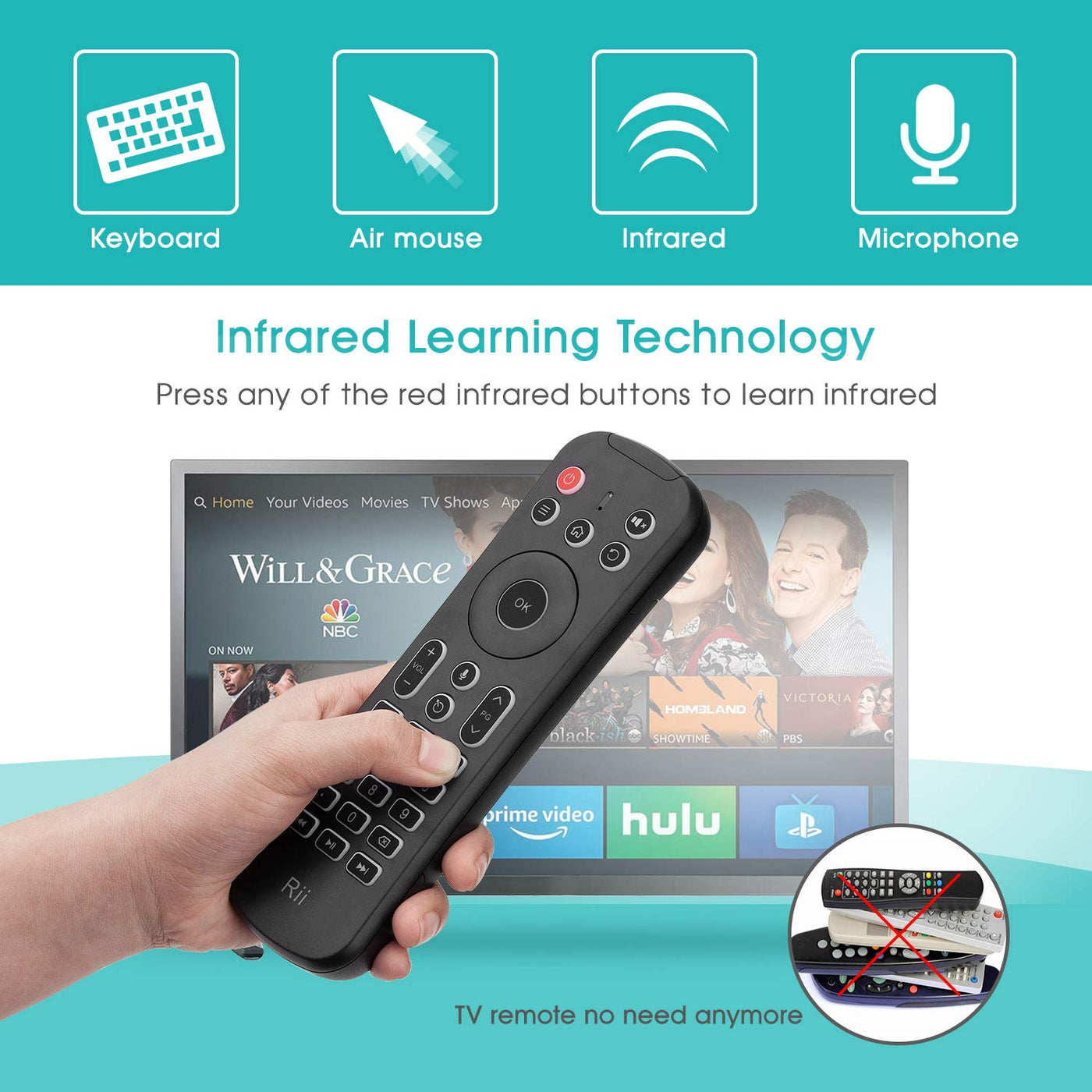 Rii MX6 2.4G Hintergrundbeleuchtung Air Mouse+Wireless Keyboard+6Achsen Somatosensory Fernbedienung +Microphone+IR Lernen Tasten 5 in1 für Mini PCs/Smart TV/Android TV Box/Raspberry Pi(US Layout)