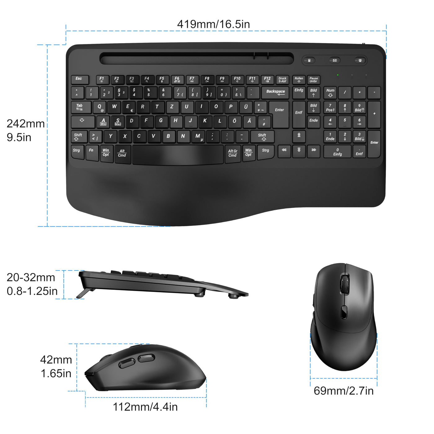 Kabelloses Ergonomisches Tastatur und Maus Set, Moojay 2,4G Wiederaufladbares Quiet Wave Tastatur und Maus Set in Voller Größe mit Handballenauflage und Telefonhalter für Laptop/PC/Mac/Windows–Schwarz