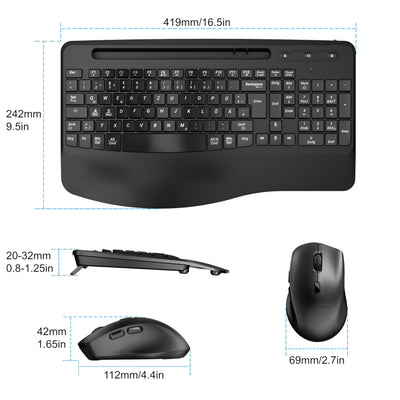Kabelloses Ergonomisches Tastatur und Maus Set, Moojay 2,4G Wiederaufladbares Quiet Wave Tastatur und Maus Set in Voller Größe mit Handballenauflage und Telefonhalter für Laptop/PC/Mac/Windows–Schwarz