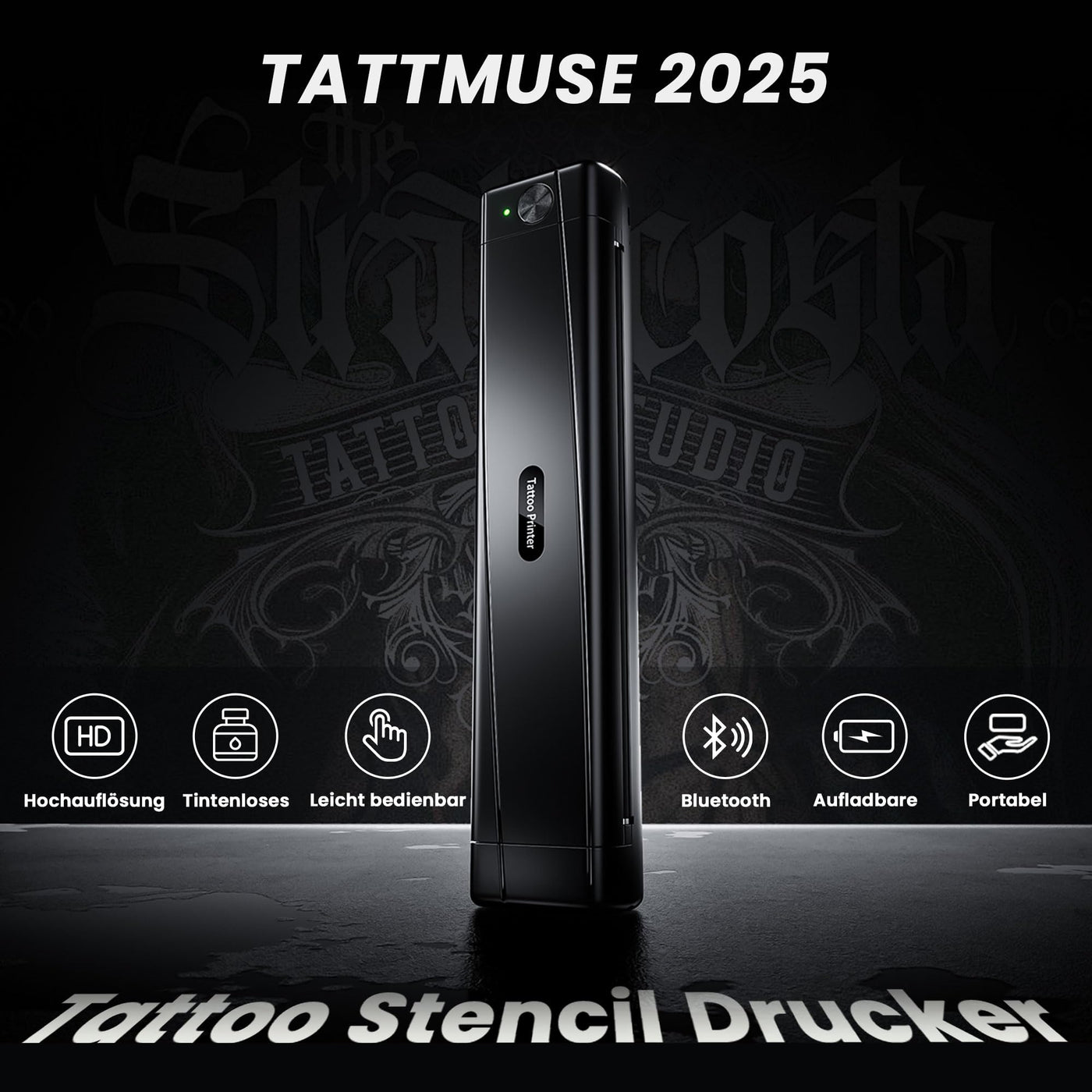 TATTMUSE Tattoo Drucker Bluetooth, Schablone Nadeldrucker mit 10 Stück Papier, Tattoo Transfer mit Smartphone PC, Stencil Drucker für Tattoo Künstler und Anfänger